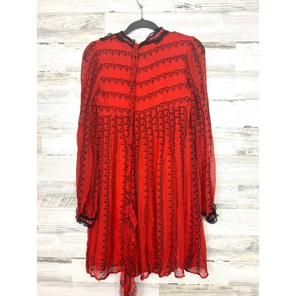 Cacharel Women’s 2 Red Black Silk Embroidered Lined Belted Boho Mini Dress - Picture 2 of 9